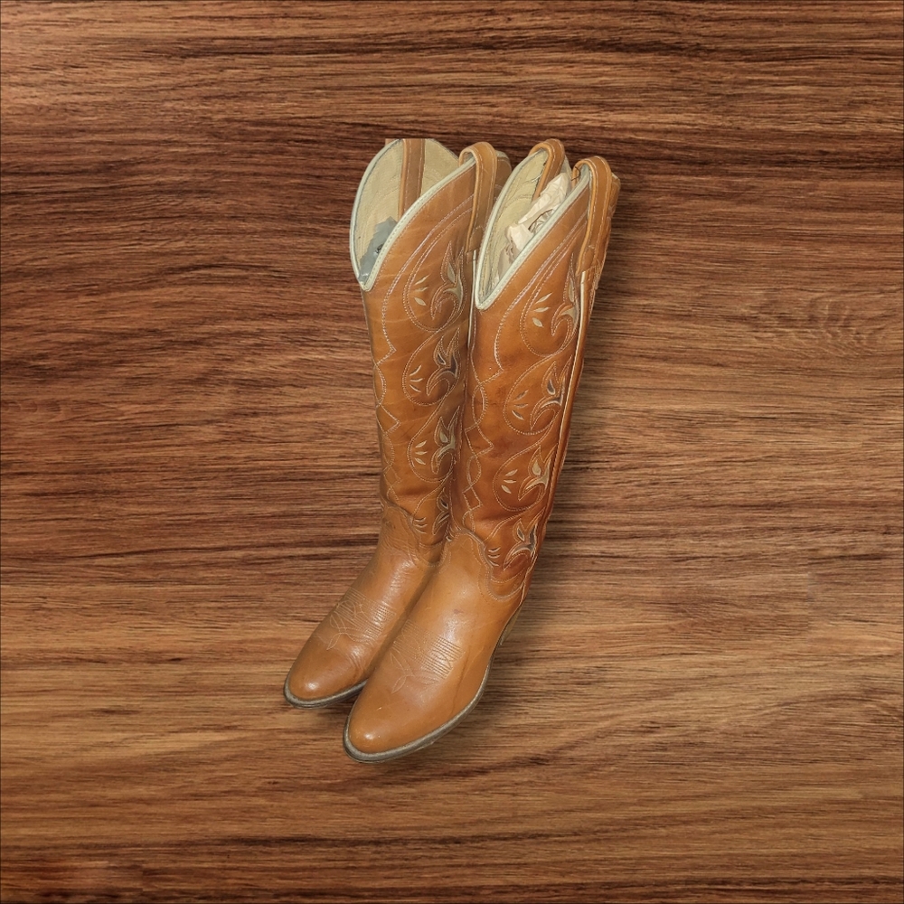 ACME Tan Leather Embroidered Knee-High Western Heeled Boots - Picture 2 of 6